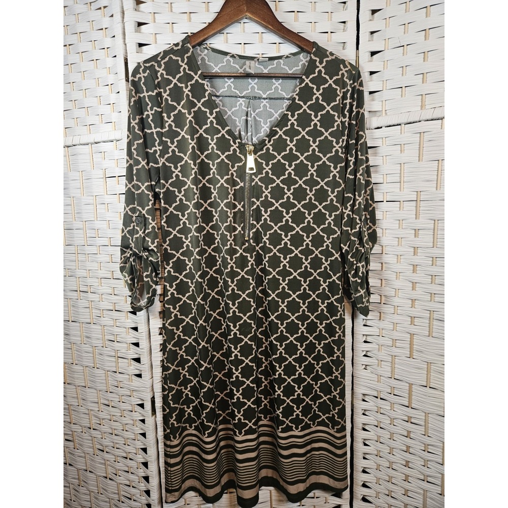 Tacera Womens M Green Geomteric Zipper Dress Work Career